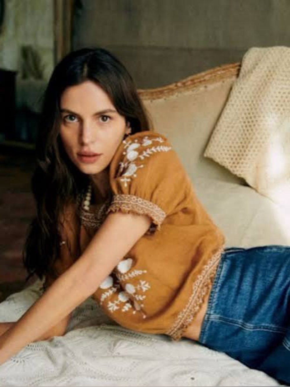 Sezane Embroidered Mustard Peasant Blouse